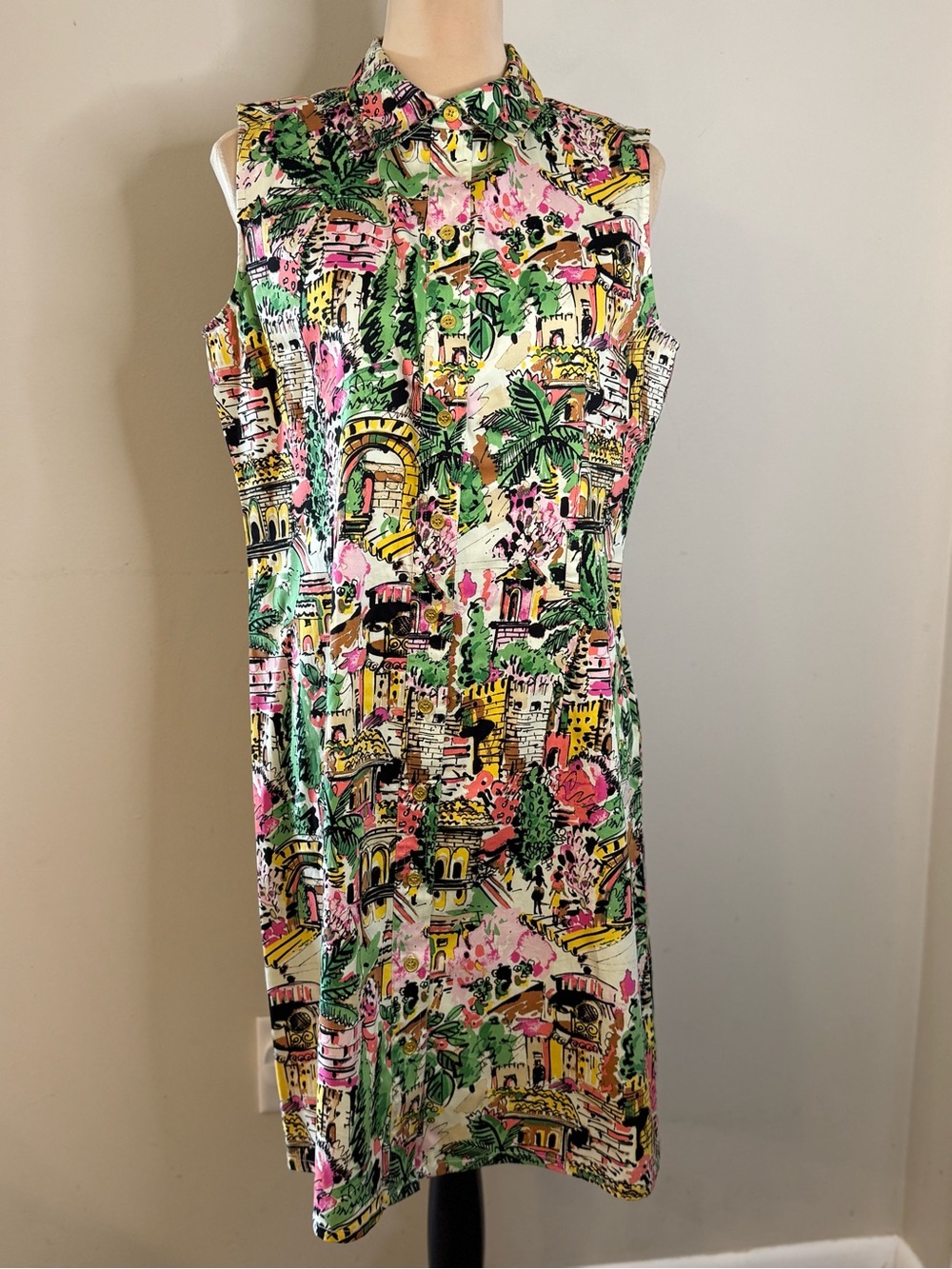 Island Republic sleeveless midi shirt dress tropical novelty print SZ 10